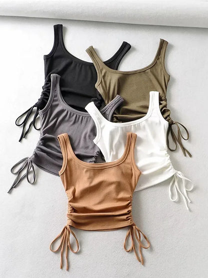 New Arrival Girls Casual Solid Colour, Two Side Drawstring , Vest Folds,  Shirring,  Tank/Camis