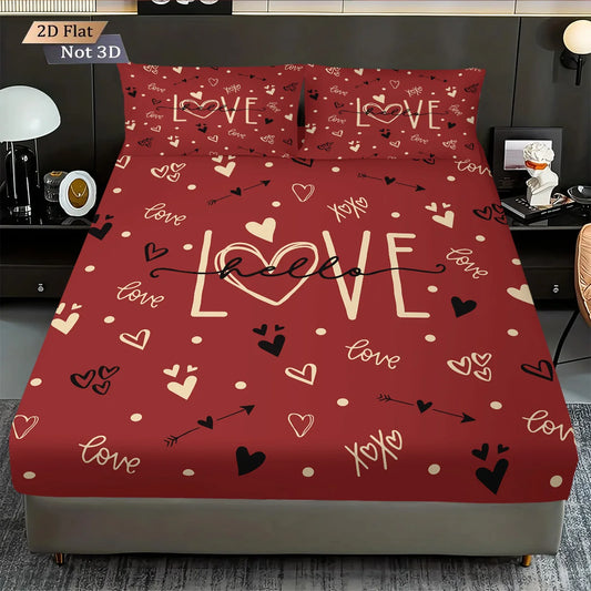 3pcs Valentine's Day Romantic Red LOVE Print.  Choreless Bed Sheet Set with Multi Size Bed Cover.