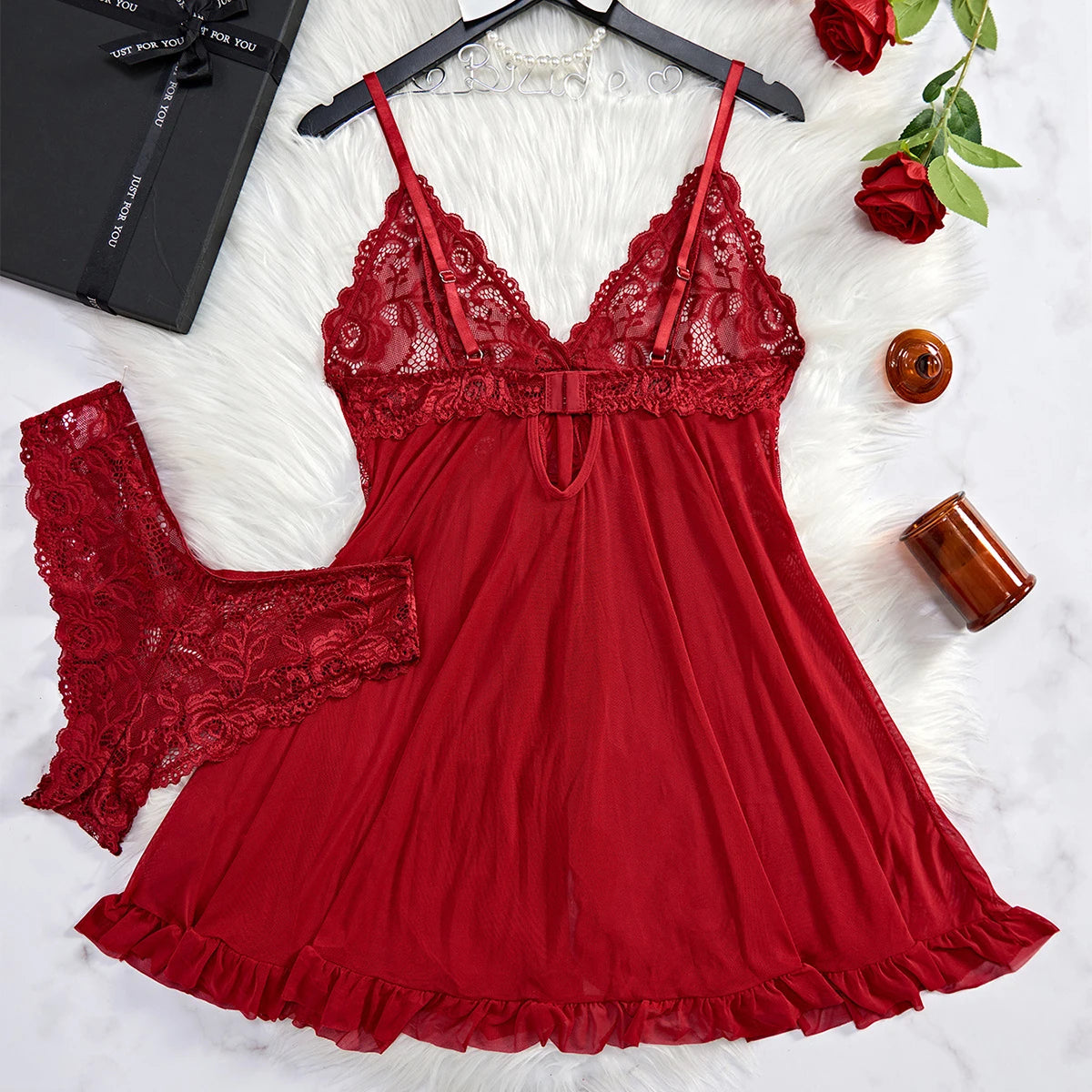 Tulle Ultra Sexy Nightgown,  V-neck Bra, Open Sleep Skirt, Womans Sheer  Lingerie  with Thong
