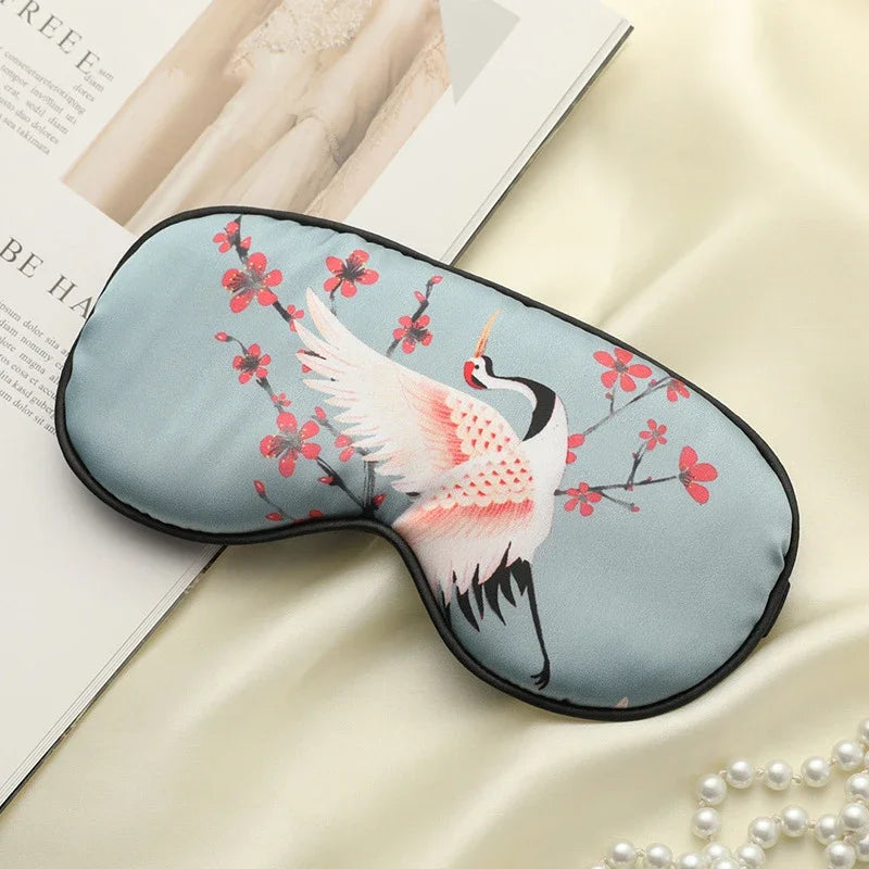 Silk Sleeping Eye Mask Cover For Women /Men.   Printed  Eyepatch,  Crane Blindfold,  Portable Sleep Night Mask,  Relax with Soft Eye Pad,