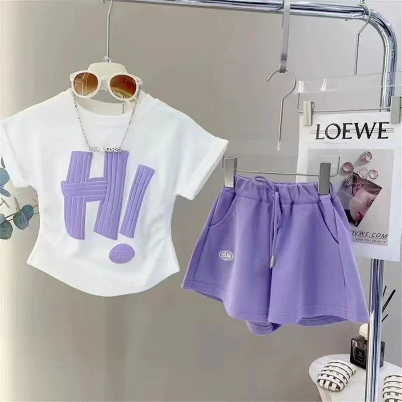 Girls Short Sleeve Summer Letter T-Shirt Tops+Shorts,  2Pcs Suit for little girls Clothes.  Sport Casual  Outfits 3-12 Years