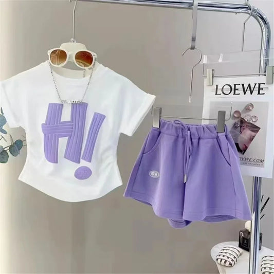 Girls Short Sleeve Summer Letter T-Shirt Tops+Shorts,  2Pcs Suit for little girls Clothes.  Sport Casual  Outfits 3-12 Years