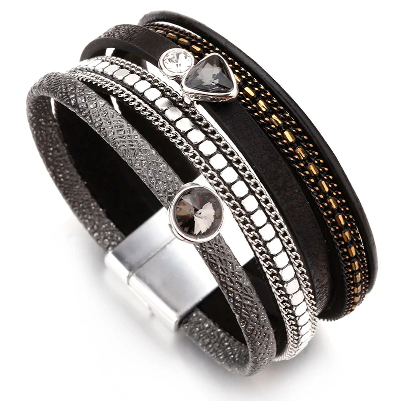 Resin Crystal Charm Leather Bracelet for Women. Bohemian Multilayer Bracelets & Bangles Jewelry.  BLACK, DARK BLUE and GOLD are Available.