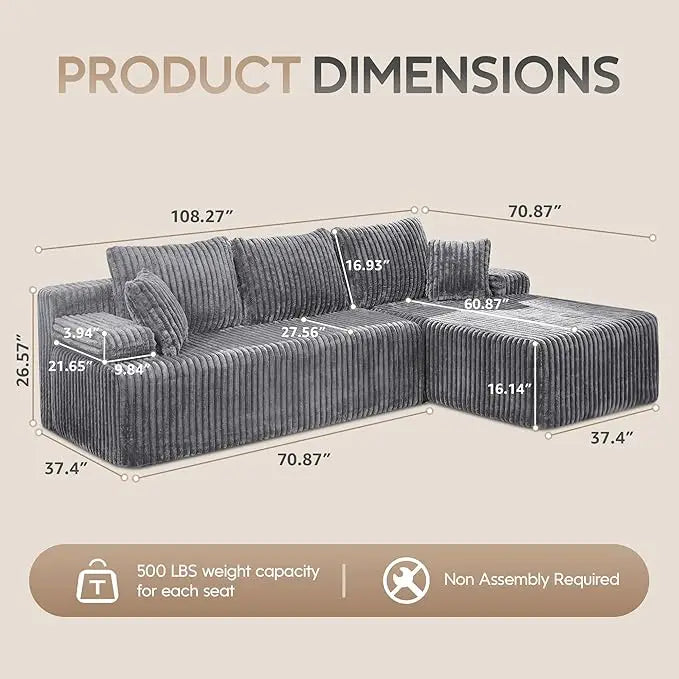 Modular L-Shaped 3-Seat Sectional | Memory Foam with Deep Seating with Storage Module| Living Room Sofa