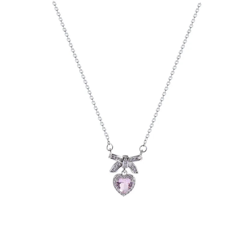 Fashion Pink Crystal Heart Bow Tie Pendant Necklace. Silver Color Chain.  Necklace for Women on Valentines for Aesthetic Jewelry