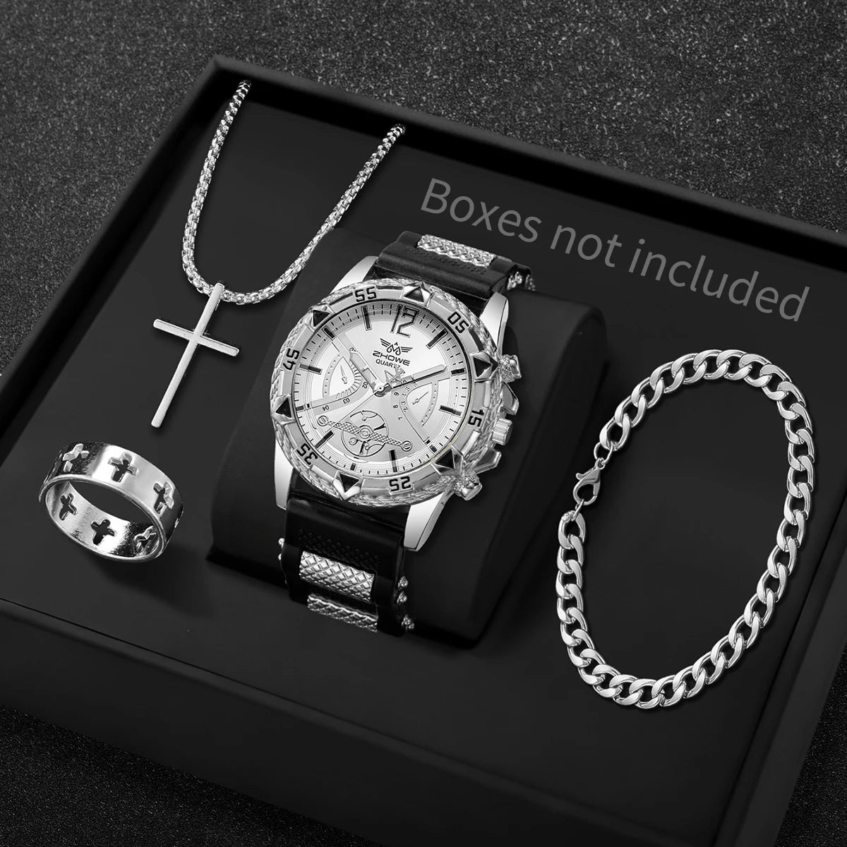 4PCS Fashion Arabic Dial Men s Business Quartz Watch with Casual Silicone Strap  on Wristwatch and including the 3- piece Necklace Set.(Without Box)All styles are available as I am typing.  This attractive set can easily be g
