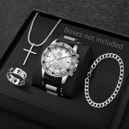 4PCS Fashion Arabic Dial Men s Business Quartz Watch with Casual Silicone Strap  on Wristwatch and including the 3- piece Necklace Set.(Without Box)All styles are available as I am typing.  This attractive set can easily be g