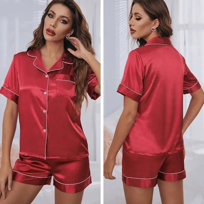Spring Autumn Silk Pajamas Set for Women.  Casual,  Soft Nightwearwith  Long Shirt Tops and Long Pants Cardigan  Top