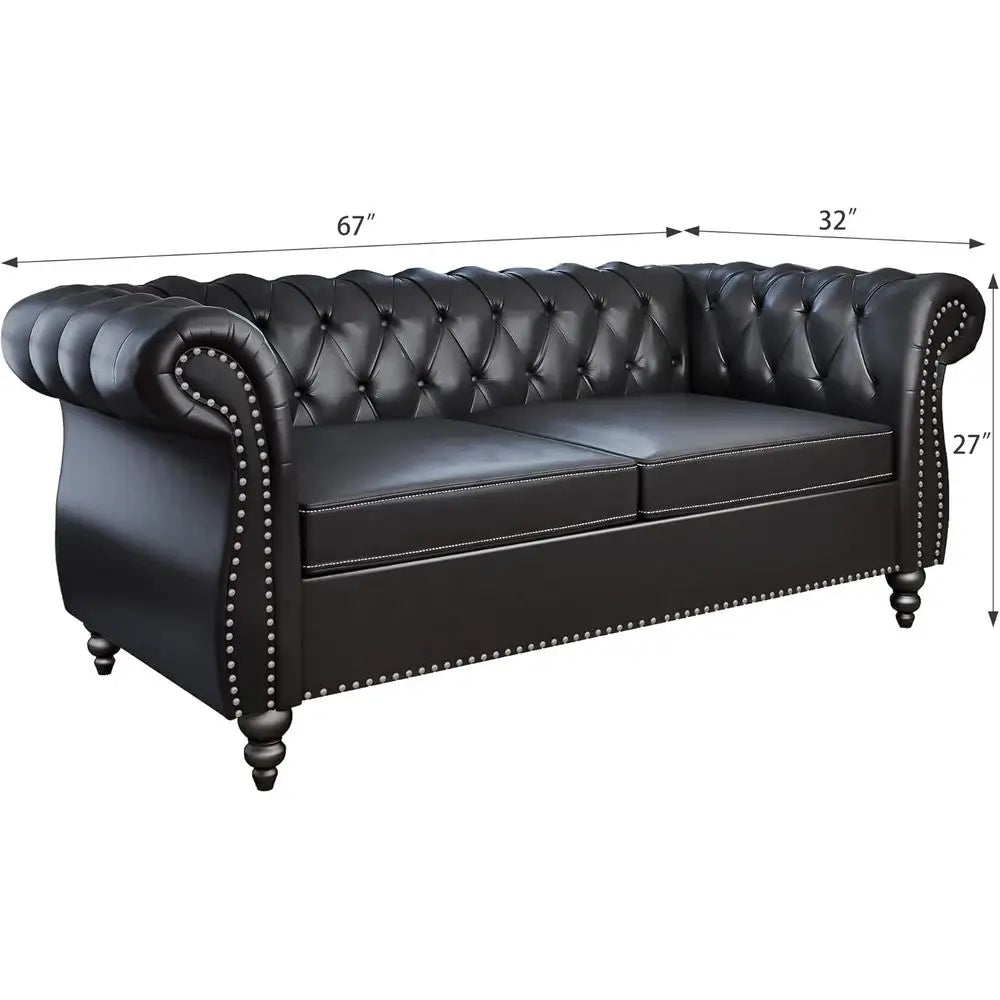 Leather Chesterfield Sofa Set with Scroll Arms and Black Ottoman for Living Room