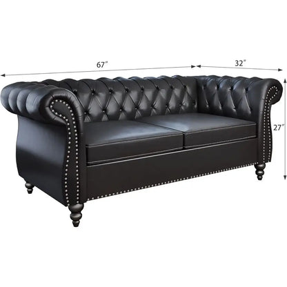 Leather Chesterfield Sofa Set with Scroll Arms and Black Ottoman for Living Room