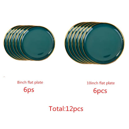 Luxury Forest Green Ceramic Dinnerware Set,  Including  Shallow Plates,  Rice,  Soup Bowls,  Fish,  Dish And Spoon