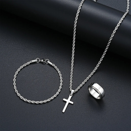 Stainless Steel Simple  3 piece Jewelry Set For Men /Women.  Fashion Silver Color,  Cross Pendant,  Twisted Rope Necklace and Bracelets with Ring Gift.