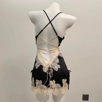 Sexy Pajamas for Women Nightwear.   Ice Silk Lace,  Beautiful Back Suspender Pajama Night Dress,  Elegant Strap,  Sweet Nightgown