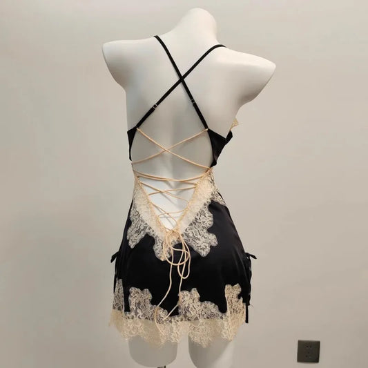Sexy Pajamas for Women Nightwear.   Ice Silk Lace,  Beautiful Back Suspender Pajama Night Dress,  Elegant Strap,  Sweet Nightgown