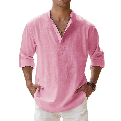 Cotton Linen Hot Sale Men's Short-Sleeved Shirts.  Summer Solid Colors Henley Collar Casual Beach Style Hawaiian Vacation