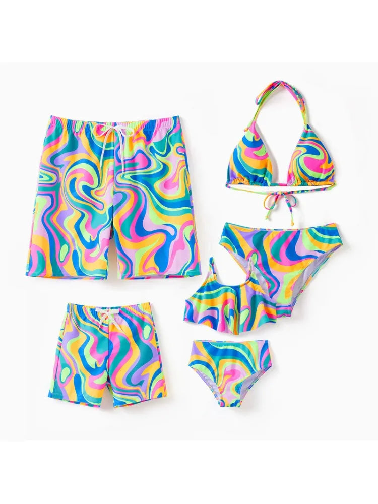 Matching Family swimsuits.   Colorful Tie-Dye Print Swim Trunks or Halter ( two-Piece Bikini)