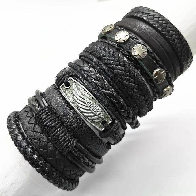 10 Pcs/set Black Wrap Woven, Handmade Mens  Bracelets. Male / Female Leather Bracelets.