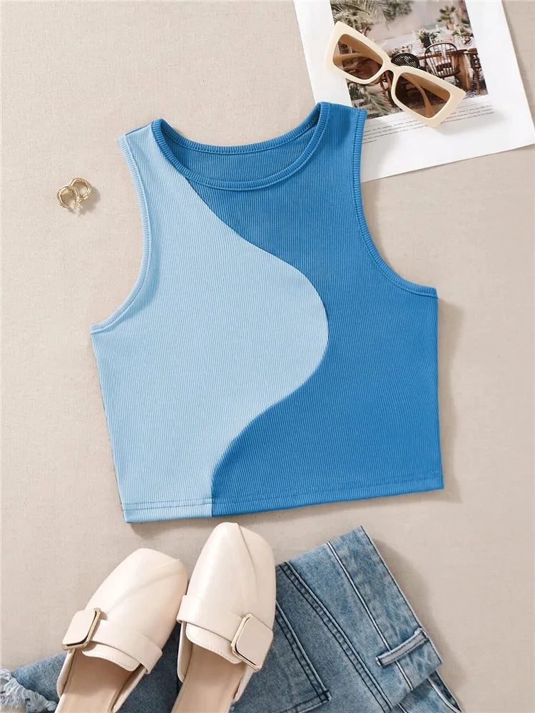 Women's Ribbed Knit Tan Tank Top O-neck Sleeveless Cute Baby Tee, Summer Patchwork Color Block Crop Top T Shirt.  Tan color ONLY available S, M, L.  Pink is OUT-OF-STOCK.