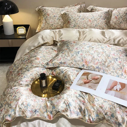 High-end Natural Mulberry Silky Blending Duvet Cover Set with Sheets,  Satin Blending, Silky Bedding Set,  Luxury Queen Bedding Sets