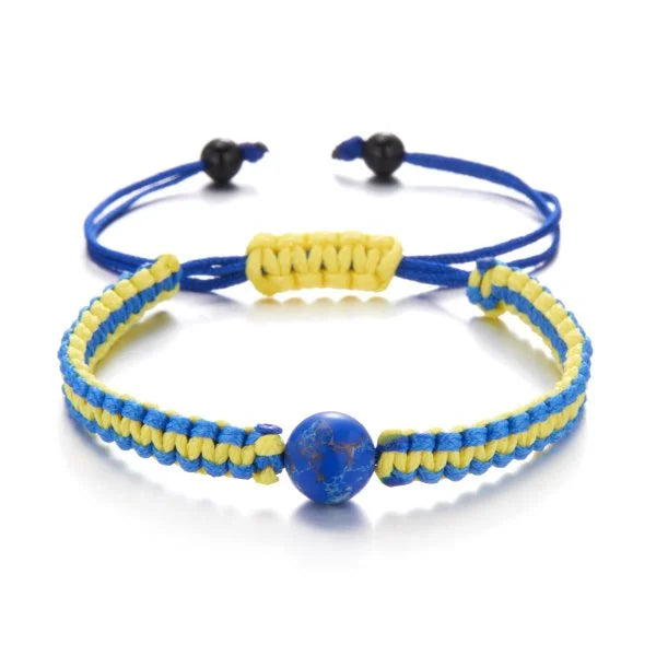Handmade Blue & Yellow Ukraine Country Peace Love Woven Bracelet Leather Women/ Men Jewelry Gift, Adjustable