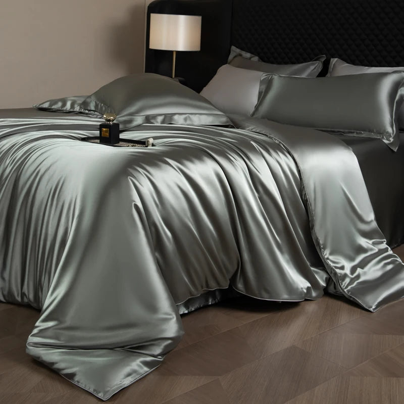 Silk Bed Sheets Set,   Luxury Bedding Set with Duvet Cover,  Fitted/Flat Bedsheet,  Pillowcases, Mixed with Rayon, King /Queen/ Full T/win