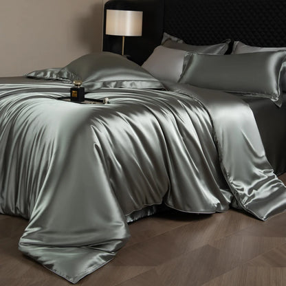 Silk Bed Sheets Set,   Luxury Bedding Set with Duvet Cover,  Fitted/Flat Bedsheet,  Pillowcases, Mixed with Rayon, King /Queen/ Full T/win
