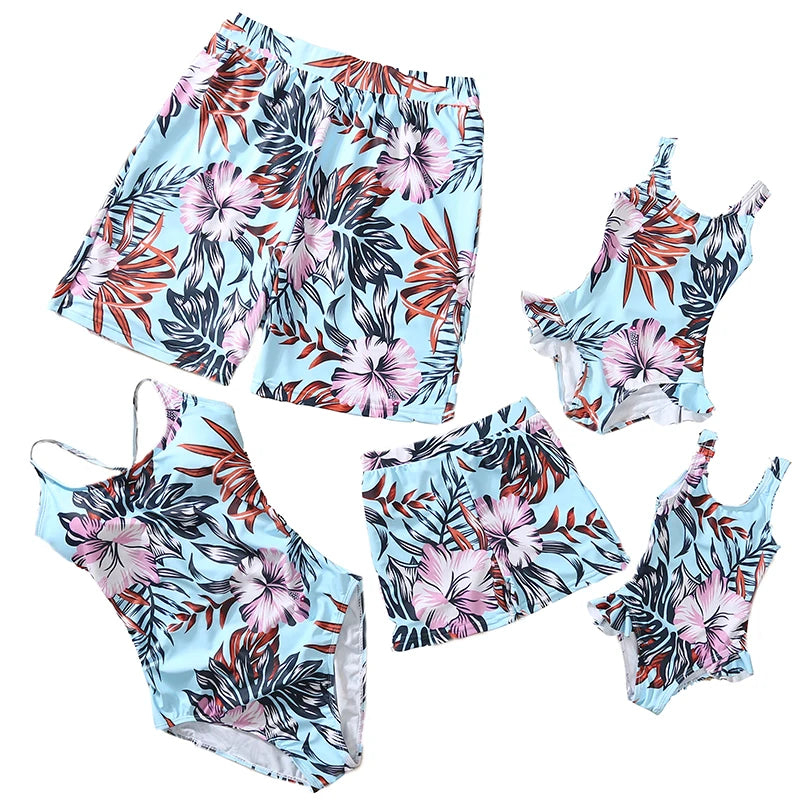 Summer Mommy and Daddy /Son/ Daughter Clothes, Family Matching Outfits Leaf Printing Swimwear