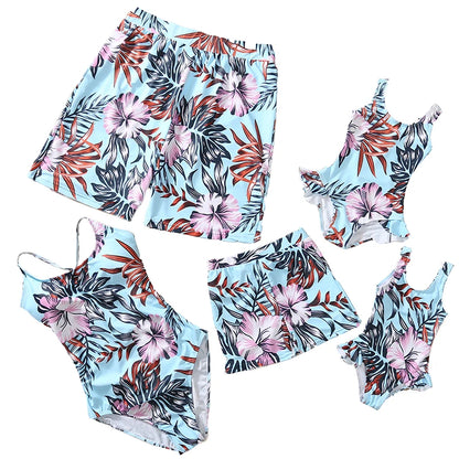 Matching Outfits for family,  Leaf Printed Swimsuit, Floral Full Print Multi-color One-piece Matching Swimwear