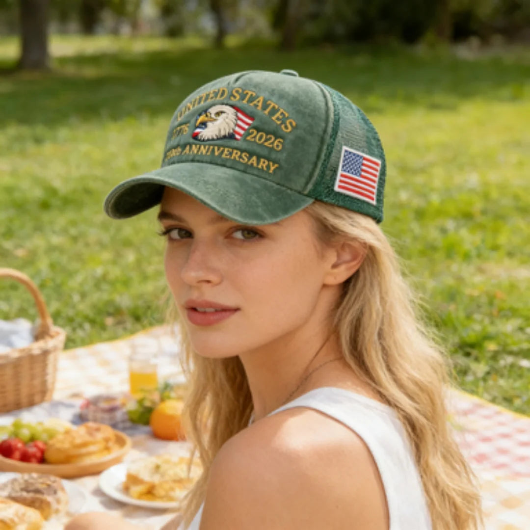 United States 250th Anniversary,  1776-2026 Bald Eagle Embroidered,  Washed Mesh,  American Flag , Adjustable Baseball Cap