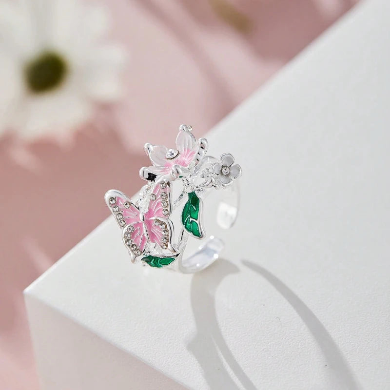 Aesthetic Flower Butterfly Rings for Women.  Romantic Rhinestone,  Stylish Non-fading Opening Ring