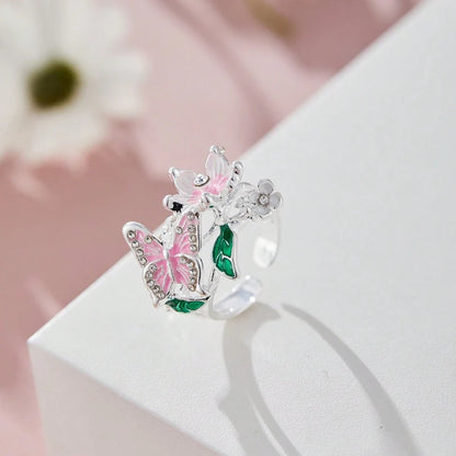 Aesthetic Flower Butterfly Rings for Women.  Romantic Rhinestone,  Stylish Non-fading Opening Ring