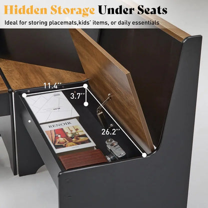 3 Piece Breakfast Nook,  Dining Set, L-Shaped Corner Bench with Hidden Storage, Space-Saving Kitchen Table Set for Small Spaces, Bla