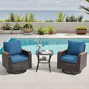 3 Piece Patio Set, Outdoor Swivel Chair, Wicker Patio Bistro Set with Side Table for Garden, Porch, Backyard
