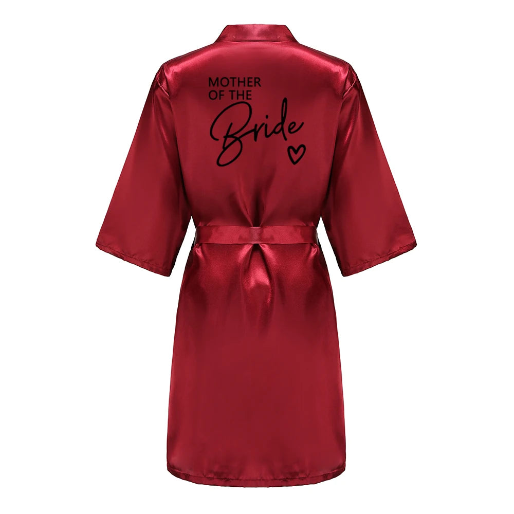 Wedding Party Team Bride Robe With Black Letters, Kimono Style Satin Bridesmaid Bathrobes
