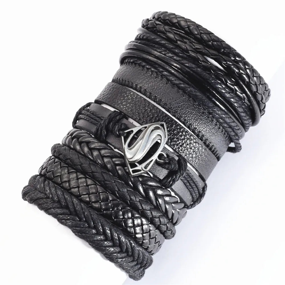10 Pcs/set Black Wrap Woven, Handmade Mens  Bracelets. Male / Female Leather Bracelets.