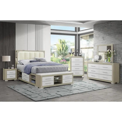 Natural White Full Bedroom Set 5 Pieces - Modern Design for Cozy Spaces, Includes Bed Frame, Nightstands, Dresser and Mirror