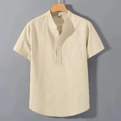 Mens Short Sleeve Shirts in  Solid Colors.   Stand Up Collar Shirt for Summer.   Trendy, Breathable,  Loose,  Basic Cotton Pocket