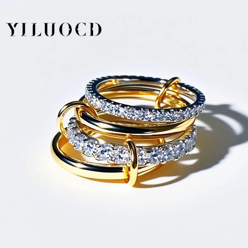 New Stainless Steel Cubic Zirconia Stackable Rings for Women  with 18k Gold- and ,Plating Multi-Link Connected Statement Ring,  Stacked Jewelry