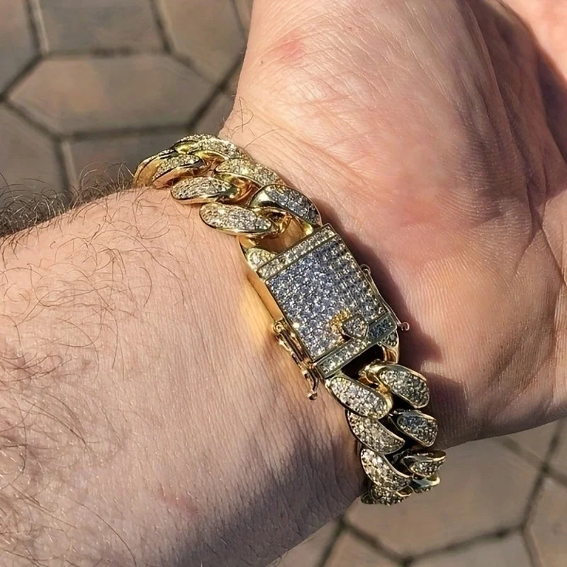 Luxury  Cuban Link Chain Bracelet for Men,  Paved Crystal Jewelry,  Stainless Steel Bling Bling Wristband Gift. I am unsure of the color labeling so order by LOOKS.  Both are available.