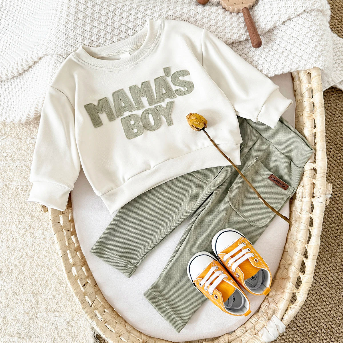 2025 Baby Boy Clothes MAMA'S BOY Sets,  Fall Outfit with  Sweatshirt Top  and Pants.  2Pcs Long Sleeve Winter Warm Infant Suit