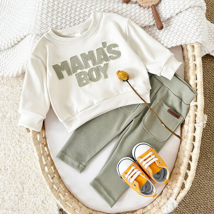 2025 Baby Boy Clothes MAMA'S BOY Sets,  Fall Outfit with  Sweatshirt Top  and Pants.  2Pcs Long Sleeve Winter Warm Infant Suit
