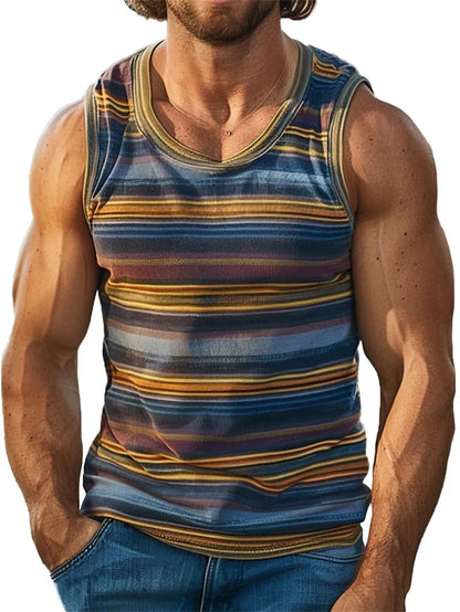 Retro Striped Graphic Tank Tops For Men. Casual Summer Sleeveless 3D Printed Vest,  Loose Crew Neck Quick Dry Sports Tees.  10 different Stripe Choices.  Lots of size choices also.