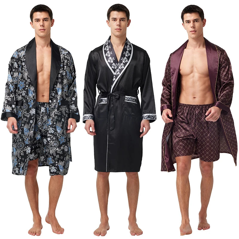 Men’s Satin Robe,  Lightweight  Silk with Long Sleeves.  Kimono Style Bathrobe including  Shorts Set