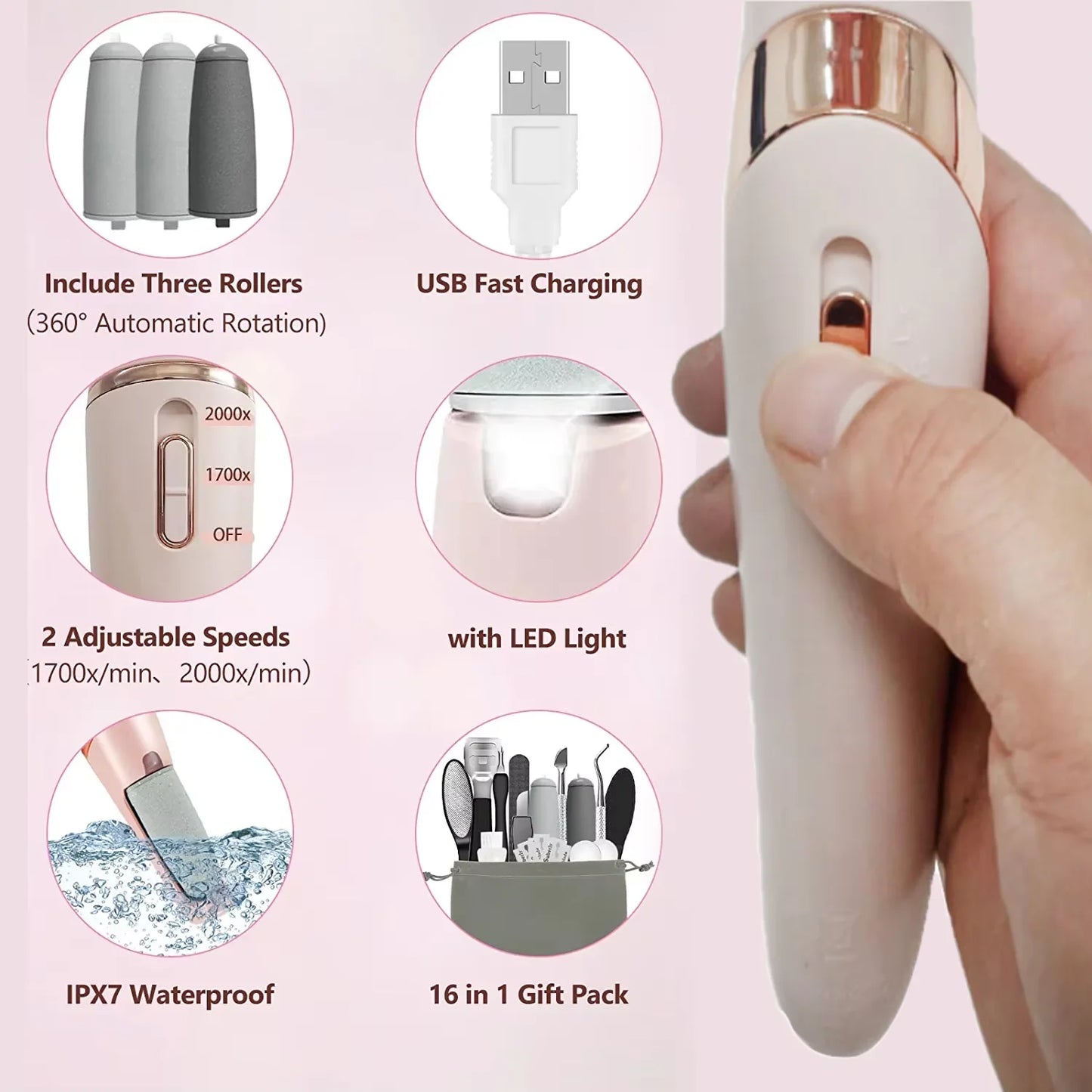 Rechargeable Electric Foot File /1+10 Set including Callus Remover,  Machine Pedicure Device,  Foot Care Tools For Heels, Remove Dead Skin .black