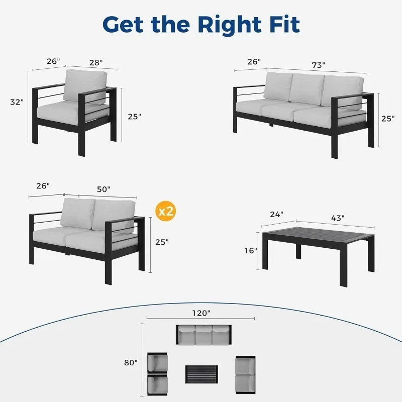7-Seat Aluminum Patio Set, Metal Sectional Sofa with Coffee Table