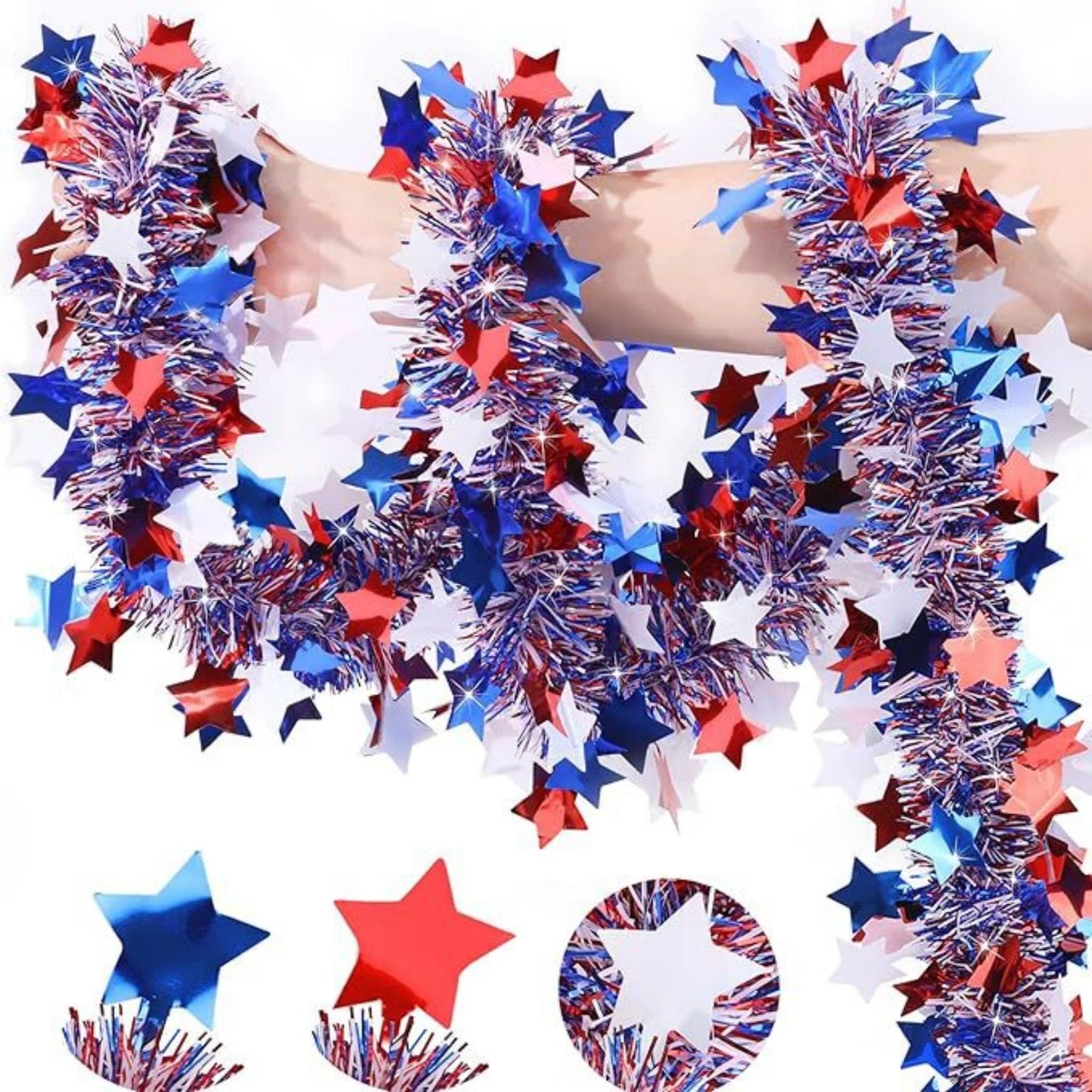 4th of July Garland Decorations,Glitter Tinsel Patriotic Decor for Tree Car Golf Cart Parade Float Bike Party Table Yard Door