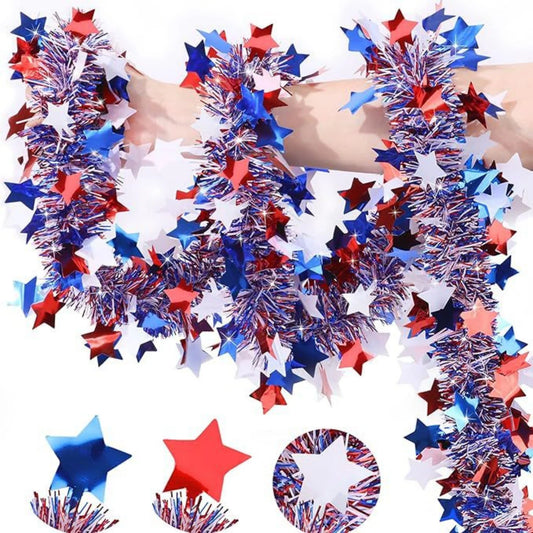 4th of July Garland Decorations,Glitter Tinsel Patriotic Decor for Tree Car Golf Cart Parade Float Bike Party Table Yard Door