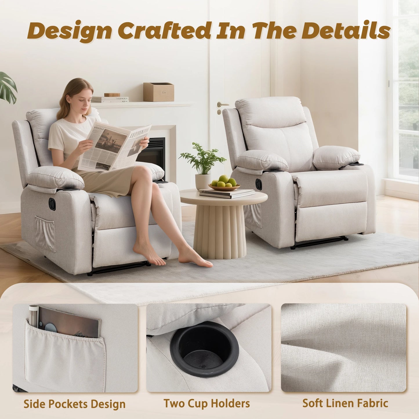 Small Recliners for Small Spaces, Reclining Manual Chair with Cup Holders and Side Pockets  for Living Room, Bedroom
