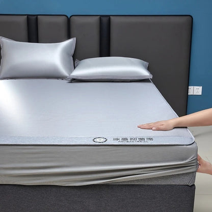 Fitted Cooling Summer Mat 3pcs Set Fitted Sheets, Cool Mattress Cover + 2 Pillowcases Soft Breathable Washable for AC Room