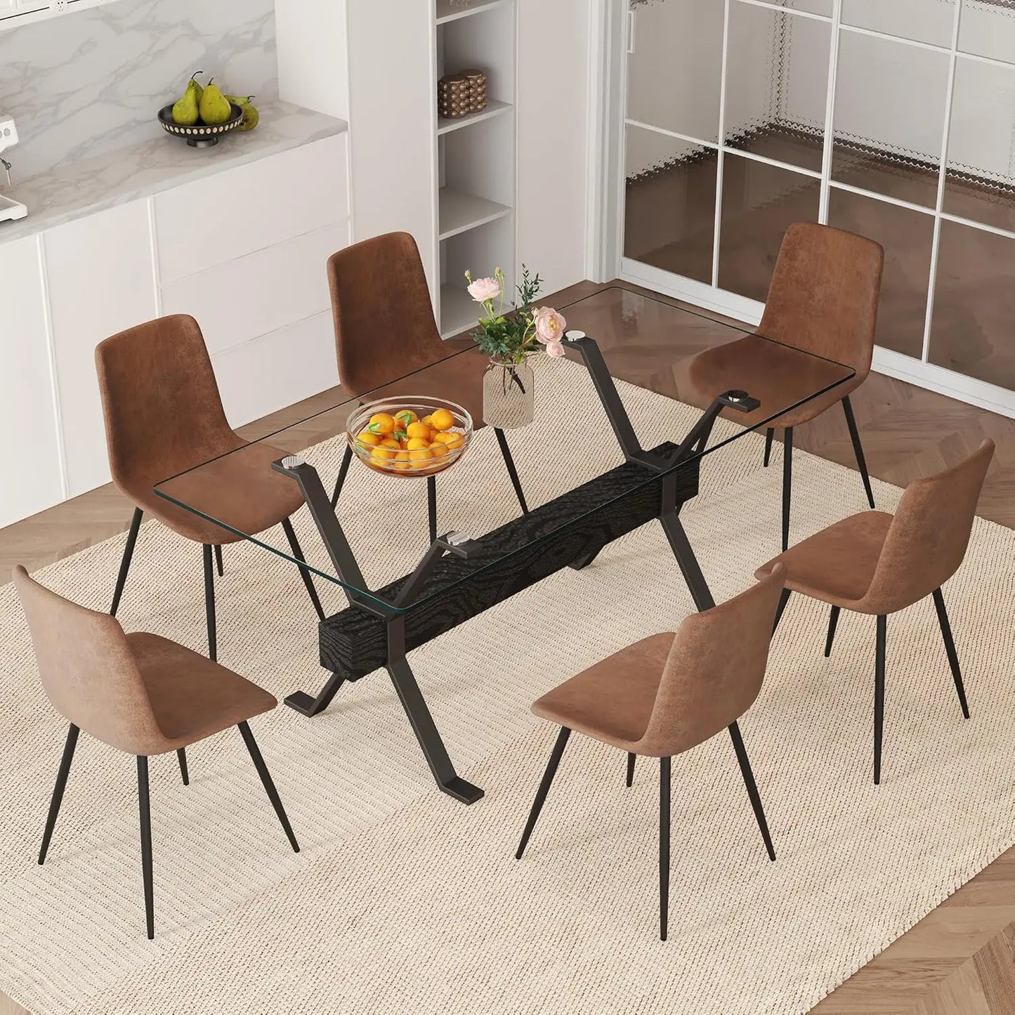 71“ Glass Dining Table Set for 6, Modern 7-Piece Dining Table Set,Rectanglular Tempered Glass Top and Metal Legs, Customized